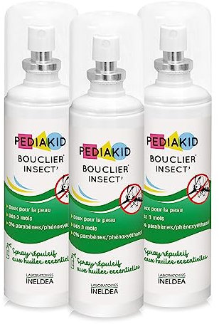 PEDIAKID - Bouclier Insect - Spray répulsif naturel anti-moustiques aux huiles essentielles - Eau florale biologique de Lavandin & Géraniol - Sans paraben - Protection 8H - Dès 3 mois - 3 spray 100 ml