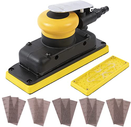 Lijadora orbital de aire Jitterbug de 3 x 8 pulgadas, órbita de 70 mm x 198 mm, 10.000 OPM máximo sin vacío con almohadilla de velcro adicional y 15 papeles de lija (80/120/180/320/400)