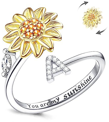 Fidget Ringar för kvinnor, Kucheed Sunflower Justerbar Storlek Spinner Ring, Silver Stapelbar Stress Relief Anti-Angest Letter Finger Circle, Graverad You Are My Sunshine Inuti Smyckesringen