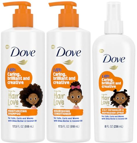 Dove Kids Shampoo & Conditioner Set with Shea Butter & Coconut Oil + 2-in-1 Detangler Spray, “Hair Love” Wavy, Coily, Curly Hair Products for Kids