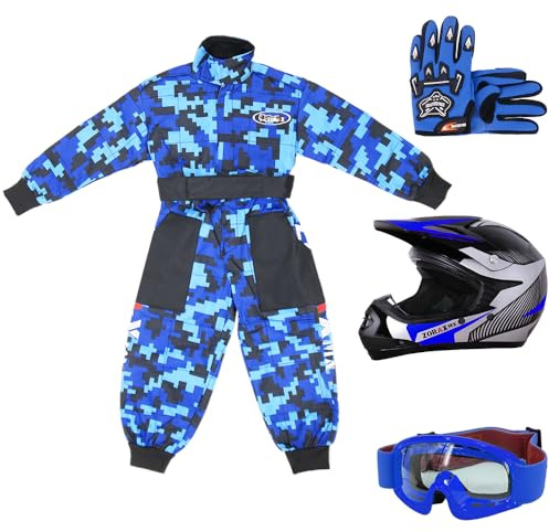 Zorax ZOR-X19 Youth Motocross Helmet & Gloves & Goggles & Camo Suit | Helmet Blue XS (48-49cm) - Gloves S(5cm) - Suit XS(3-4 Years) Children Dirt Bike Off Road Motorbike Helmet ECE 2206