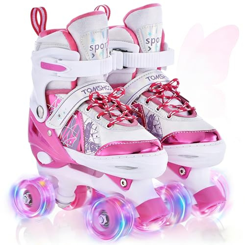 TOMSHOO Kids Roller Skates for Girls Boys With Light Up Wheels | 4 Sizes Adjustable Quad Skates, Roller Boots for Indoor Outdoor Birthday Gift