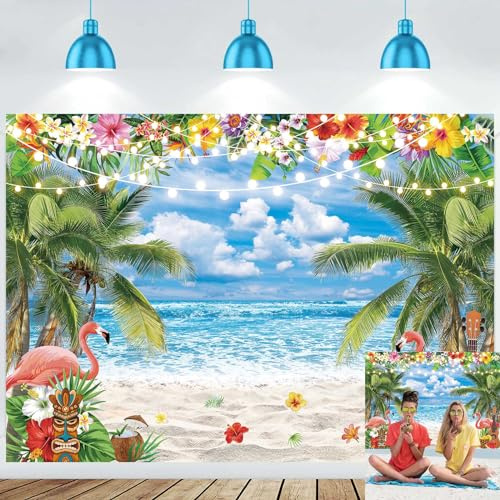 Toile de fond pour photographie de plage hawaïenne d'été, 2,13 x 1,52 m, ciel bleu, mer, palmiers tropicaux, toile de fond Aloha Luau pour décoration de fête (82 x 59 pouces)