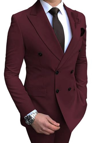 ECDAHICC Costume pour homme, coupe ajustée, 2 pièces, costume d'affaires, pour homme, double boutonnage pour homme, blazer classique, Bordeaux 1, M