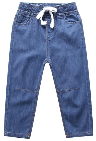 Happy Cherry - Boy Denim Pants Kids Boot Cut Jeans Elasti Waist Casual Summer Pants Cotton Stretch Trousers Loose Fit Breathable with Adjustable Drawstring for Child Age 2-12 Years