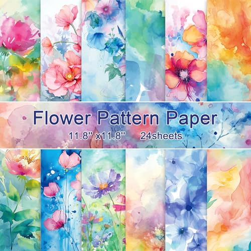 Konsait 24 Sheets Flower Scrapbook Paper 12x12 Watercolor Pattern Paper Double Sided Floral Cardstock Craft Papers for Card Making Kit Origami Papers Romantic Scrapbook Supplies