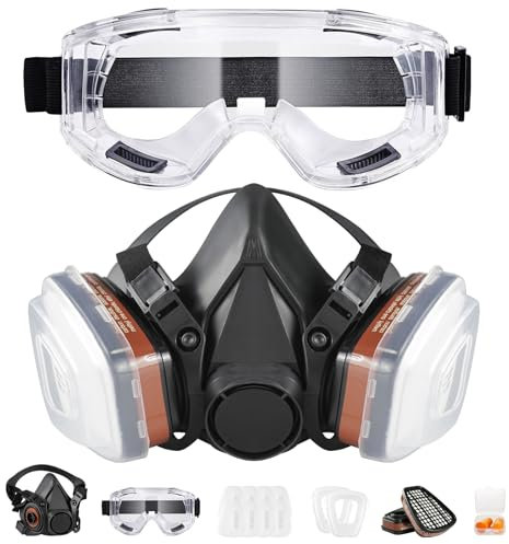 Atemschutzmaske Wiederverwendbare Halbgesichtsabdeckung mit Schutzbrille, Gasmaske mit 2 Filtern und 8 Filterbaumwolle für Malerei, Staub, Schweißen, Organische Dämpfe, Polieren und Holzbearbeitung