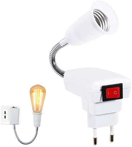 TECHZOCO Portalámparas E27 con Interruptor, Adaptador de Enchufe E27 Europeo, Rotación de 360° Con Cuello de Cisne Flexible, Interruptor ON/OFF, Apto para Dormitorios, Cocinas, Pasillos, Lectura