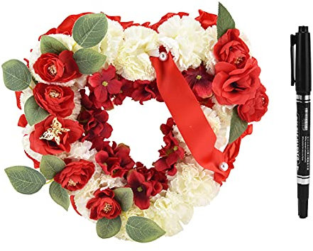 Couronne de Guirlande en Forme de cœur, Couronne de Fleurs artificielles en Forme de cœur, Guirlande de Fleurs soyeuses, Arrangements Floraux funéraires avec Stylo Ruban pour (Rouge)