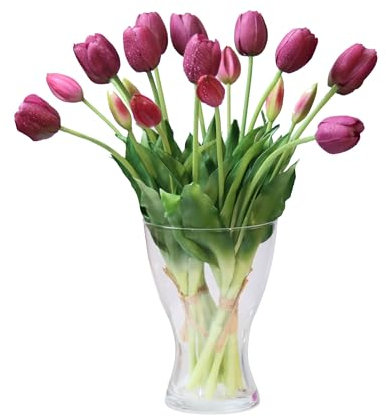 cn-Knight 20 flores artificiales de tulipán, tallos de tulipán de tacto real de 16 pulgadas con hojas sintéticas, tulipanes y capullos sintéticos para decoración del hogar, centro de mesa, ramo de