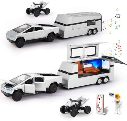 MODVKVK Tesla Truck 1:24 modellbil, cyber lastbil leksaksbil, husbil, modellbyggsats med ljus och musik, retdragfunktion, legeringsformgjutning, perfekt för barn från 3 år och samlare (silver)
