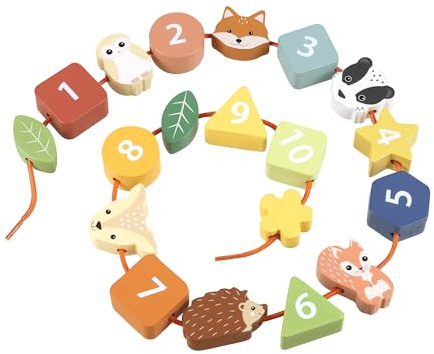 Orange Tree Toys Wooden Woodland Animals Number Threading Toy, Educational Learning Beads with Storage Bag, Numbers 1-10