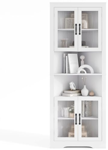 COSTWAY Armario Esquinero Alto de Baño, Mueble de Baño Triangular con 4 Puertas de Vidrio Templado, Estantes Ajustables, Gran Armario Despensa Independiente para Cocina Comedor (Blanco)