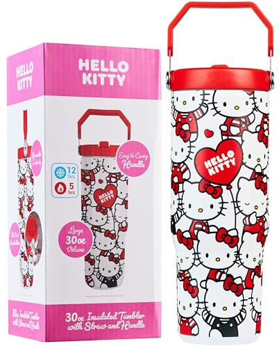Get Trend Hello Kitty Sanrio Tumbler med sugrör 887 ml flickor tonåringar kvinnor isolerad kopp med lock resemugg för skolan, sport, Kawaii presenter för flickor (Aop Hello Kitty)