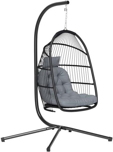 Outsunny Silla Colgante Huevo con Soporte, Columpio Jardín Exterior con Cesta Plegable, Cojín Anti-UV y Reposacabezas Desmontable para Interior y Exterior, Carga 150 kg, Gris Oscuro