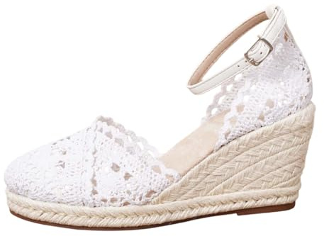 Generisch Espadrilles pointues pour femme - Talons hauts - Broderie perforée - Sandales compensées bohème - Sandales à lanières en tricot - Chaussures confortables - Chaussures de mariée avec bride