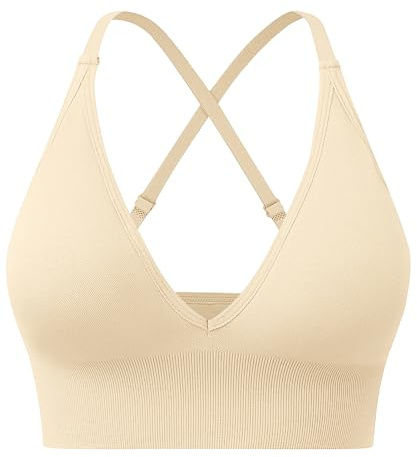 HANERDUN Sujetador Deportivo para Mujer con Escote en V Sin Aros Tirantes Ajustables Bralette de Entrenamiento Sujeción Media para Yoga