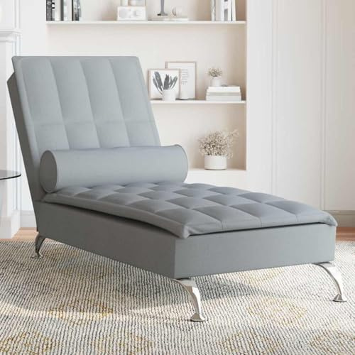 LoogCape Relaxsäng med nackrulle i ljusgrått tyg, ergonomiskt justerbar, modern lounge-recamiere, perfekt för avkoppling, läsning eller sömn, med robusta metallben och USB-massagefunktion