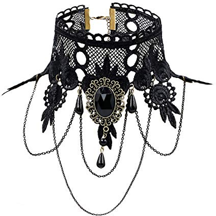 ETERNITY J. Elegant Vintage Princess Black Lace Gothic Statement Necklace Bracelet Victorian Choker Pendant Vampire Chain