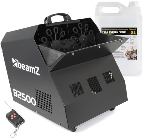 BeamZ B2500 Professional Bubble Machine & 5L Fluid – High-Capacity DJ Bubble Maker with Twin Wands, Dual Fans for Events, Festivals, Wireless Remote Control, Castor Wheels for Mobility