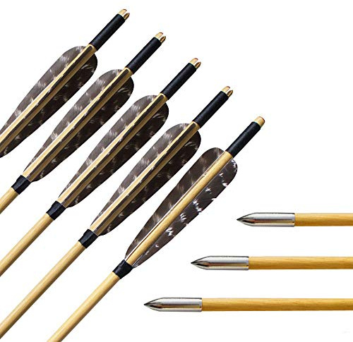 SHARROW 6pcs Flecha de Madera 31 Pulgadas con 5 Flecha Pluma de Pavo Punta de Flecha para Arco Compuesto Recurvo Longbow (Modelo 1)