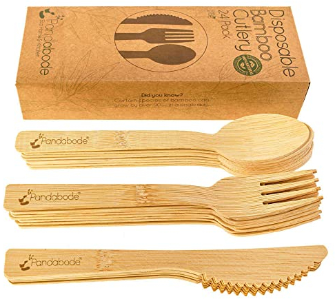 Pandabode Disposable Bamboo Wooden Cutlery Set | 24/120/300 Piece | Eco Friendly for Party Picnic and BBQ | Large Strong Biodegradable (24)