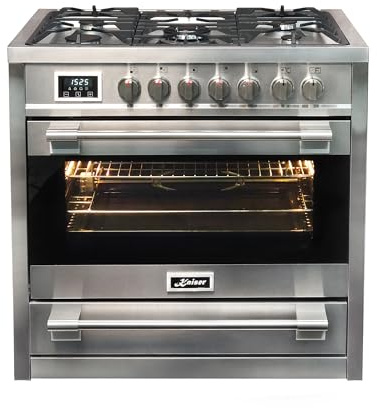 Kaiser Gasherd 90 cm HGE 93505 R Turbo Freistehender Gas-Standherd mit Elektro Backofen XXL 115L · Herd Gaskochfeld 5 Brenner Turbo-Wok + Elektrobackofen 8 Funktionen · Edelstahl/Gusseisen