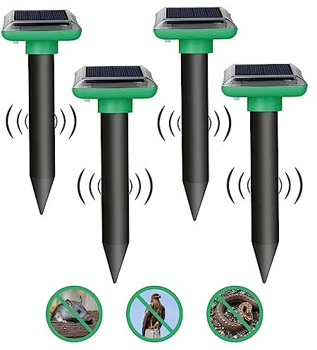 Lot de 4 Répulsif Taupe Ultrason Pigeon, Repulsif Serpent Ultrason, Anti Taupe, Repulsif Souris Ultrason, IP65 Répulsif Souris Solaire, Piege a Taupe, Anti Souris Gopher, piège à Serpent