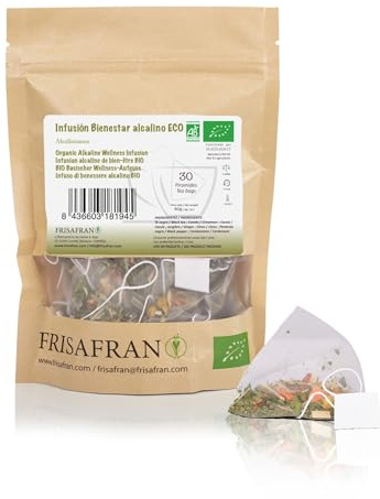 FRISAFRAN | Infusión Bienestar alcalino Ecológico en pirámides 30Uds | 60g | Té alcalina | Infusión Saludable | Antioxidantes | Digestiva | Mineralizada | Salud y Bienestar | té hierbas alcalinas