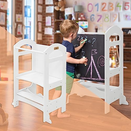 Joyz 2 in 1 Lernturm für Kinder ab 1 Jahr, Montessori Lernstuhl mit Tafel, Weiß, aus Holz, Tritthocker Verwandelbar in Kindertisch und -Stuhl, Hochstuhl Schemel Küchenhelfer Lerntower Learning Tower