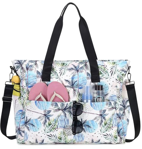 PIG PIG GIRL Large Beach Bags for Women, Waterproof Sandproof Swim Pool Bag with Dry Wet Seperated Pocket Lightweight Travel Tote Bag for Girls with Utility Slots,White Coconut Palm