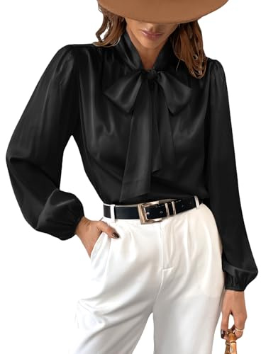 CUPSHE Top Blusa de Satén para Mujer con Lazo de Manga Larga Cuello Alto Brillante para Trabajo Blusas Casuales, Negro, M