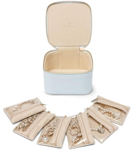 Vlando Jewellery Box, Litchi Pattern Organiser, Travel Jewellery Storage with 6 Velvet Zipper Pockets, Premium Petal Hardware Case, Light Blue