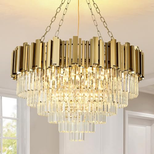 AOOCHOK Lámpara de araña de cristal de oro moderna, accesorios de iluminación, Lámpara colgante de cristal redonda, perfecta para salas de estar, comedores, dormitorios y restaurantes, Φ80cm