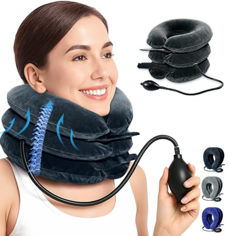 Dispositivo de tracción cervical inflable para el cuello - Portable columna cervical estiramiento con bomba de aire, soporte ergonómico para el cuello para relajación y corrección de postura para el