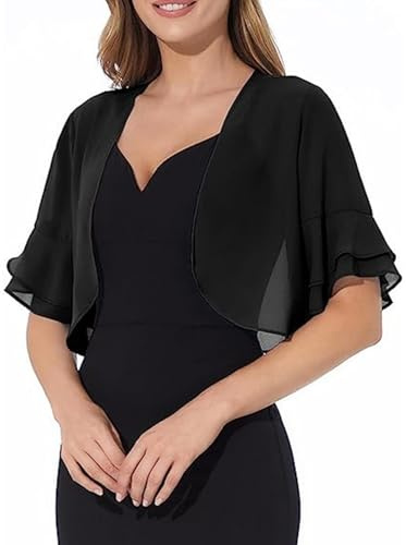 Mayoii Women Shrug, Black Cardigan for Ladies, Elegant Summer Layer for Dresses & Tops, Cropped Bolero Open Front Lightweight (UK, Alpha, M, Regular, Regular, Black)