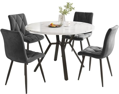 Matbordsset på med 4 stolar,Modernt Runt Matbordet med Sammet matstolar,Svarta metallben Marmor-matbord För 4 personer Köksbordssätt för kök och vardagsrum kontor(Gray)