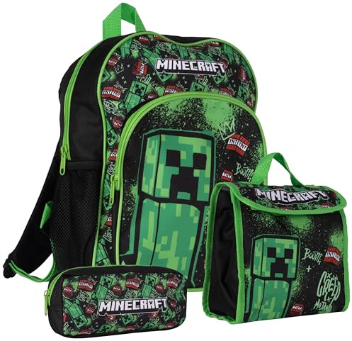 Minecraft Creeper Backpack, Lunchbag and Pencil Case Set 3 Pc