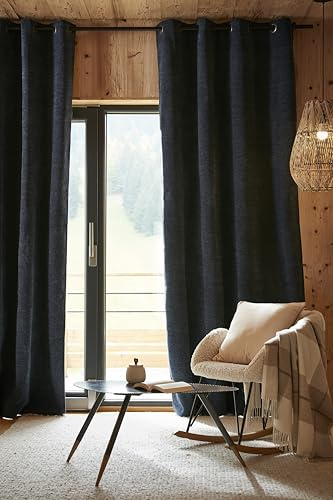 COTON PUR Rideau occultant phonique et Thermique doublé Polaire Bjorn 100% Opaque Le Fil d'Ariane (Minuit, 2 Panneaux 140 x 240 cm)