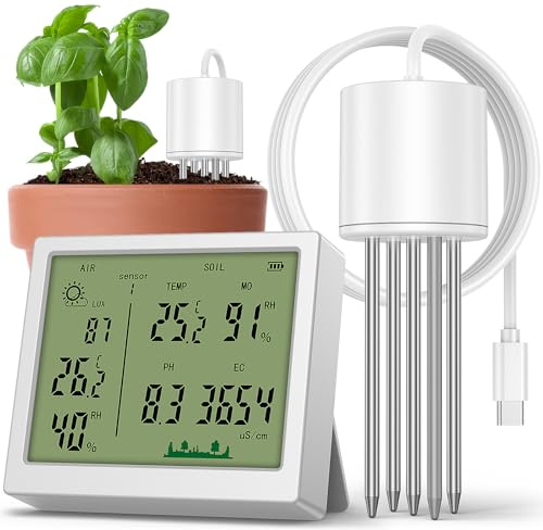 Igrometro per Piante, 7-in-1 Misuratore PH Terreno, controlla fino a 32 Sonde, Portata 100m per Misurare Umidità, Temperatura, pH, EC, Illuminazione per Giardinaggio, Serra, Agricoltura di Precisione