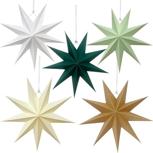 HTTDSLF 5 Pezzi Paper Star Lantern, 9 Punte Stelle Carta da Appendere, Stella di Carta 30 cm, Addobbi Natalizi Stella, 3D Stelle di Carta, per Decorare Natale, Matrimonio, Festa