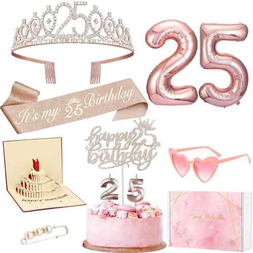AUNGKWANG Decorazione per 15/18/25/30/40° Compleanno Donna, Corona e Fascia, Occhiali Rosa a Forma di Cuore, Decorazione Torta, Candele, Palloncino Oro Rosa, Regalo di Compleanno per Donna