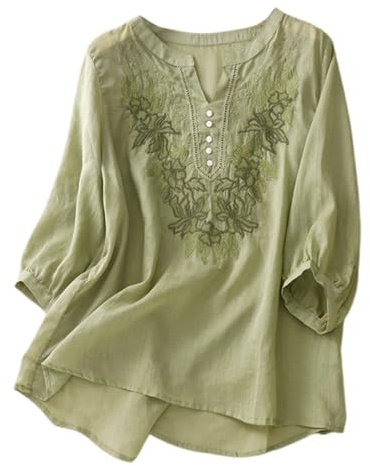 Chemise tunique en lin de style bohémien grande taille pour femme - Hauts amples boho paysans brodés de motifs floraux - Chemisiers indiens 2026 à volants sur le devant pour femmes âgées - Style