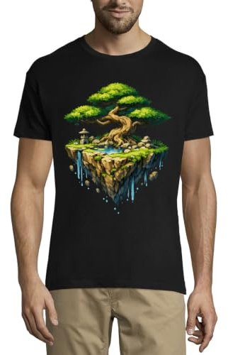 Flytande ö med forntida träd och vattenfall rund hals bomull herr t-shirt svart