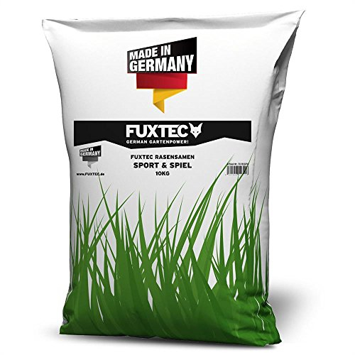 FUXTEC 10kg Rasensamen Sport und Spiel Rasen – Grassamen für Neuansaat - Sportrasen und Spielrasen – robuster und regenerationsstarker grüner Rasen