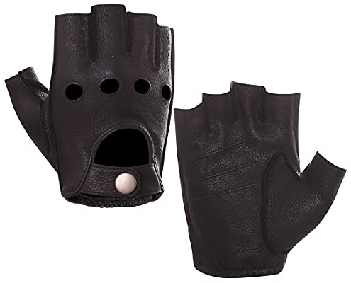 Harssidanzar Läderhandskar för män med halvfinger för körning fingerlös hjortläder, ofodrade handskar, GM005EU1, BRUN, S