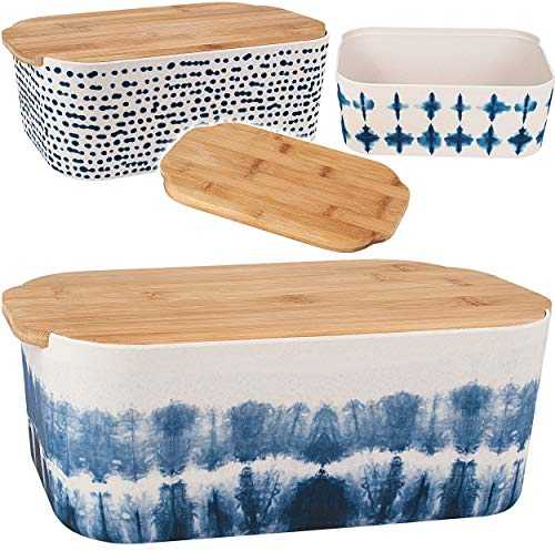 alles-meine.de GmbH Kunststoff - Brotkasten mit Schneidebrett - Retro Design Muster - blau & weiß - BPA frei - 30,5 cm - aromadicht - extra HOCH - Brotbox/Brotdose - Brotschnei..