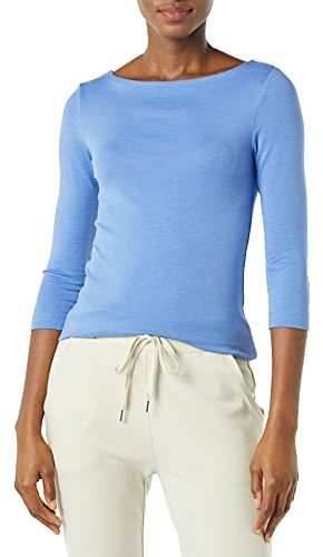 Amazon Essentials Women's Slim-Fit 3/4 Sleeve Solid Boat Neck T-Shirt, Blue, M