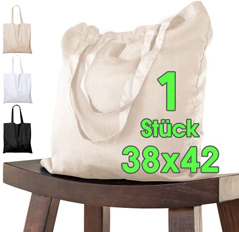 Baumwolltasche 38x42 cm 1 Stück unbedruckt, zwei lange Henkel OEKO-TEX® zertifiziert Stofftasche, Tragetasche, Baumwollbeutel, Einkaufstasche, Jutebeutel, Stoffbeutel Einkaufsbeutel zum bemalen Natur
