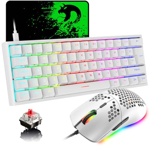 MAGIC-REFINER 60% Gaming Keyboard and Mouse Combo, RGB Mechanical Keyboard,Lightweight Gaming Mouse, 62 Keys USB C Wire Mice 12000 DPI for Win/Mac/PC, UK Layout (White/Red Switch)